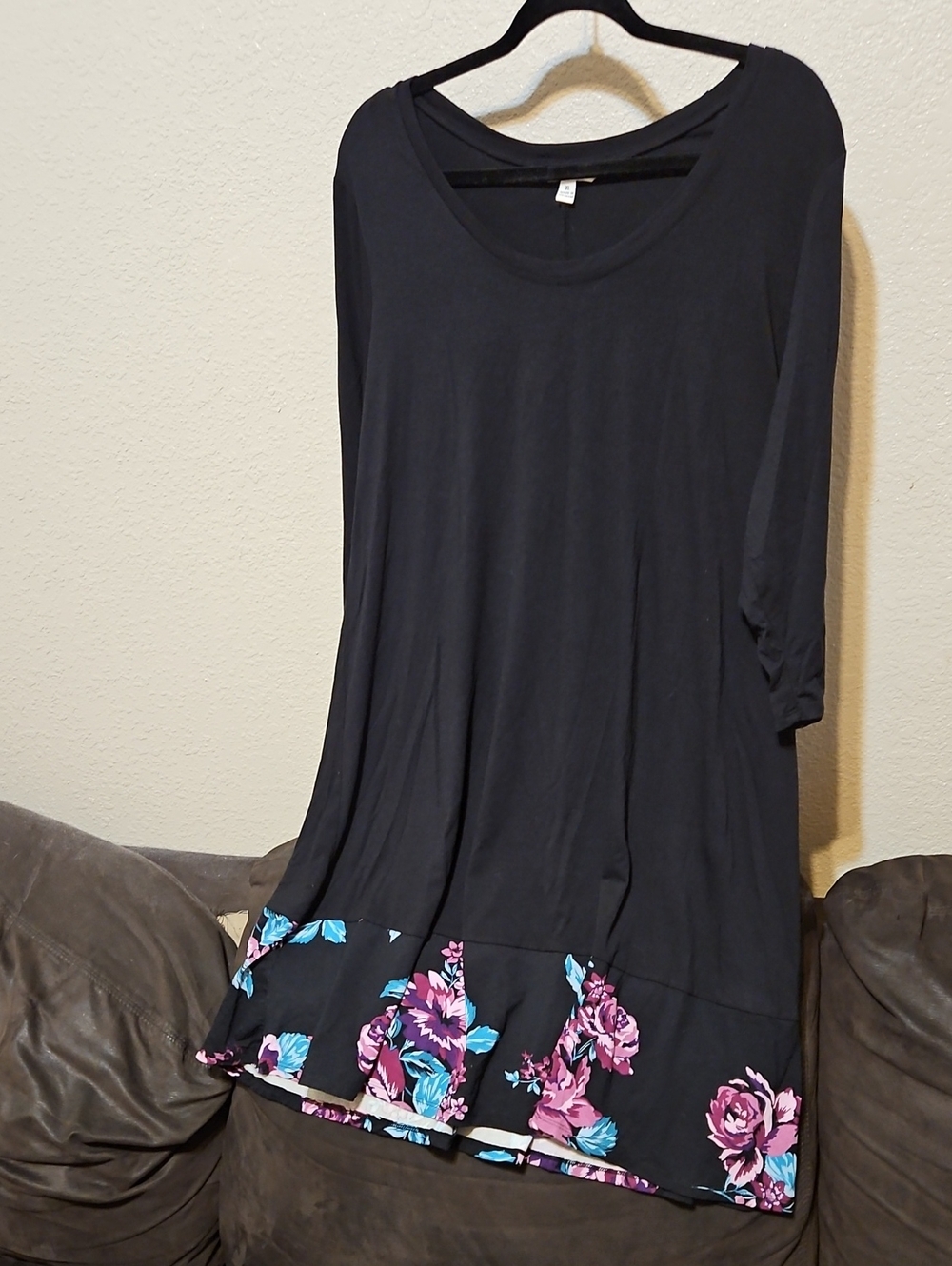 The Pioneer Woman Black Midi Dress with Pink & Blue Floral Hem